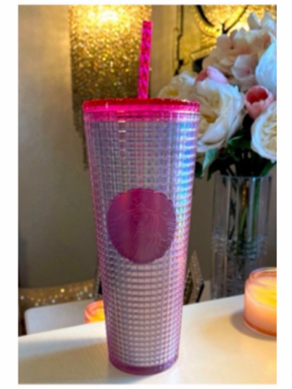 NEW Starbucks Pink Bubblegum Silver Grid Iridescent Cold Cup Tumbler 24 oz
